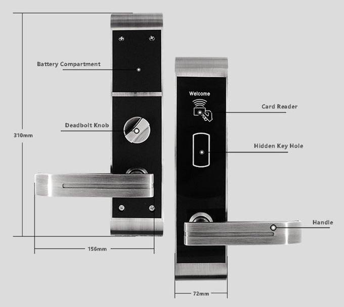 Cerraduras de puerta del hotel de Rfid de la aleación del cinc con la llave mecánica 310 * 72m m de la tarjeta de IC 0