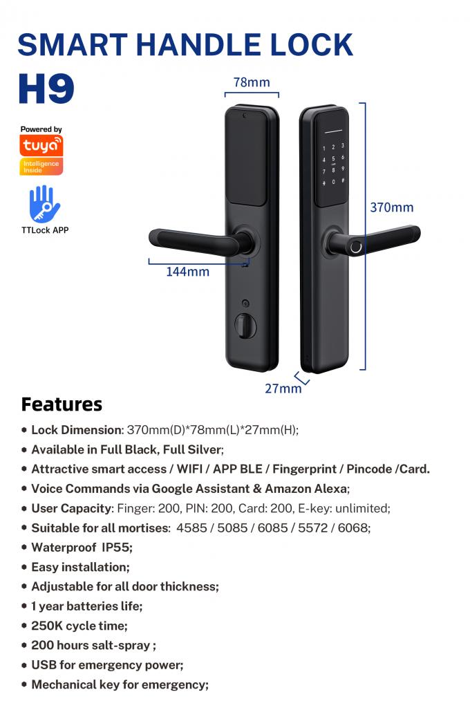 Cerraduras de puerta eléctricas de la huella dactilar de la prenda impermeable de la cerradura de puerta de Tuya WiFi Smart Digital 6