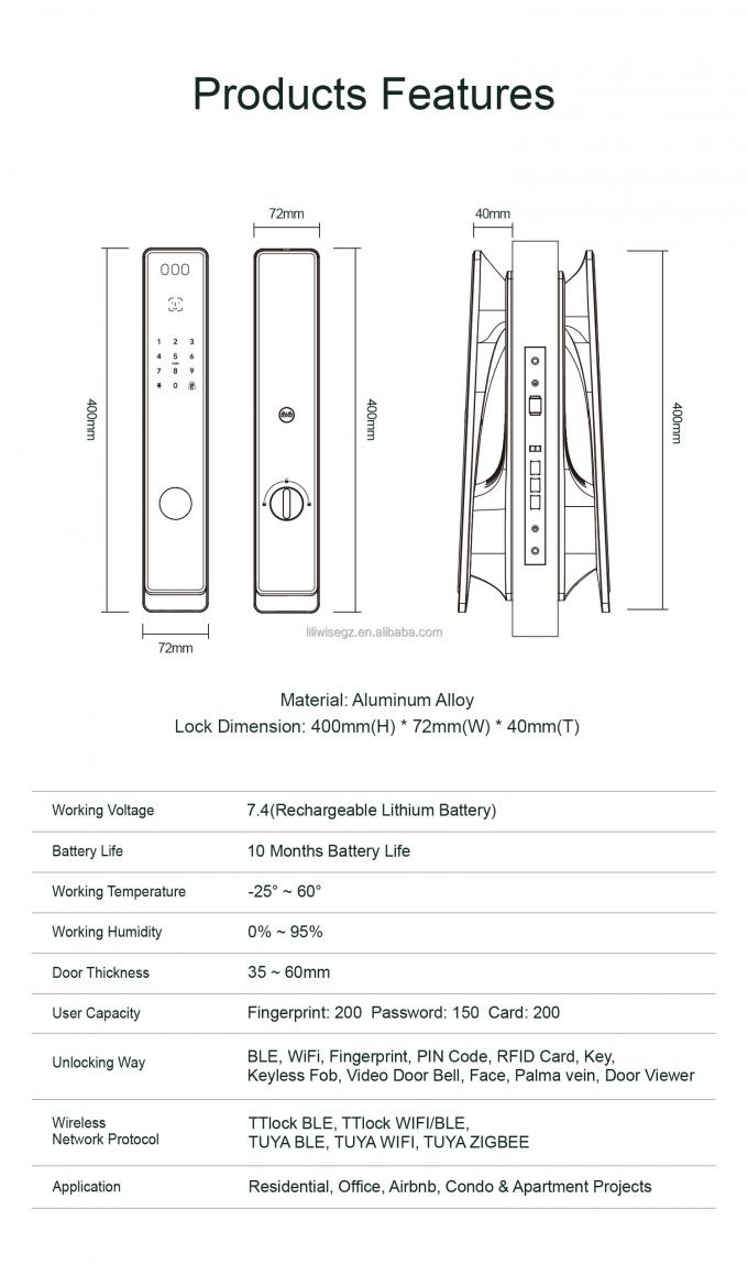 Liliwise Tuya Seguridad en el hogar Cerradura de la puerta de entrada Cerradura digital de huellas digitales exterior Seguridad a prueba de agua Reconocimiento facial Cerradura inteligente 8